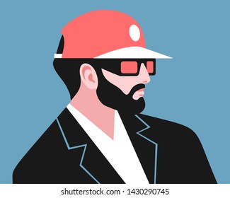 Bearded man wearing suit, baseball cap and sunglasses. Male character, side view, blue background. Vector illustration
