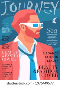 Hombre con barba usando traje, corbata y gafas de sol. Fondo marino con gaviotas. Diseño de portada de revista Journey para las vacaciones de verano. Ilustración del vector