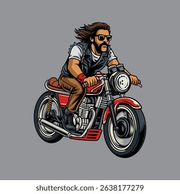 A Bearded Man wearing sunglasses riding a red retro cafe racer motorcycle, isolated cartoon illustration on a gray background