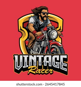 A Bearded Man wearing sunglasses riding a red retro cafe racer motorcycle with a badge emblem cartoon illustration on a red background