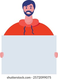 Bearded man wearing a vibrant red hoodie, holding a blank placard with ample copy space, perfect for various advertising campaigns and announcements or for expressing opinions