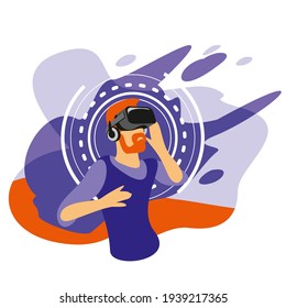 Bearded man wearing virtual reality glasses. Colored flat illustration. Head wearing vr glasses.