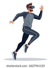 Bearded man wearing VR headset jogging in virtual reality workout training cyberspace