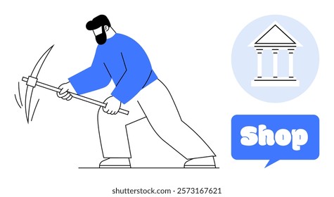 Bearded man wears blue jacket. He holds a pickaxe. Circle image of bank near him. Speech bubble with word Shop. Ideal for business, finance, retail, mining, and construction. Simple clean style