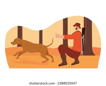 A bearded man wears a hat and carries a gun to hunt animals in the forest with his dog in the fall. Character design. Vector flat illustration