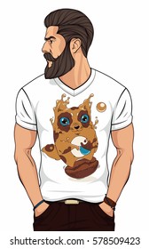 bearded man in white  t shirt with coffee cat on coffee bean