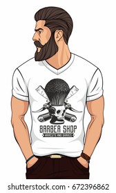 bearded man in white  t shirt with barber logo