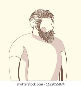 Bearded man in white t-shirt. Line vector illustration