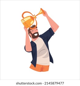 Bearded Man Winner Holding Golden Cup as Trophy and Award Vector Illustration