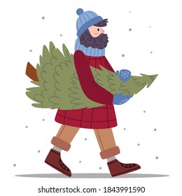 Ein bärtiger Mann trägt in Winterkleidung einen Weihnachtsbaum. Wintermode. Gemütliche Stimmung. Illustration für Kinderbuch. Cute Poster.Einfache Illustration.
Skandinavischer Stil.Minimalismus. Die Natur.