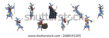 Bearded Man Wizard in Pointed Hat Vector Set