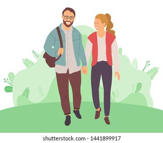 Bearded man and woman with high tail walking among green leaves and bushes. Vector rich and successful cartoon people spend time together, accumulation of capital