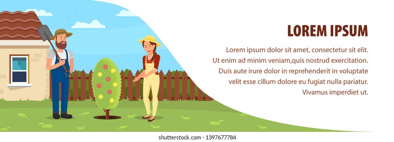 Bearded Man and Woman Planting Plant at Cottage. Man with Shovel in Garden. Decorate Garden. Gardener in Background House. Man and Woman Planted Flower. Vector Illustration. Country House Design.