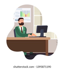 Bearded Man Work on Computer. Man Work at Office. Vector illustration. Office Worker. Look at Monitor. Successful Businessman Communication Online. Conclude an Agreement. White Background. Green Suit.