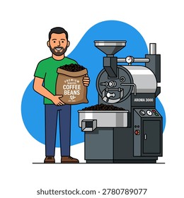 A bearded man working as a coffee roaster, wearing a green shirt, proudly holds a bag of roasted coffee beans next to a large industrial roasting machine. Flat vector mascot design.