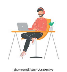 bearded man working in laptop character