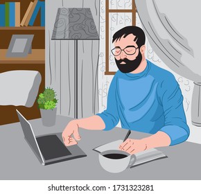 Bearded man working at the laptop and writing down some ideas while enjoying a cup of coffee.Vector