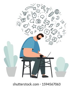 Bearded man working on computer. Flat vector stock illustration. Hipster with laptop at cafewith application icon around. Freelancer illustration 