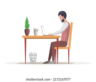 Bearded man working on computer at desk. Side view of clerk sitting on chair at workplace. Office employee during work with laptop. Company worker in typing on keyboard. Male character doing job