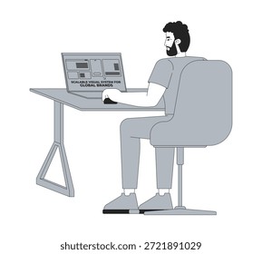 Homem barbudo trabalhando em sistema visual escalável para marcas globais 2D personagem linha. Cabelo encaracolado designer masculino na mesa usando laptop isolado vetor tinta contorno pessoa. Ilustração de ponto monocromático