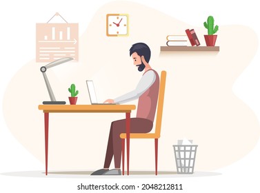 Bearded man, working person sitting at table in room and correspondence surfing Internet. Male character communicating through network on laptop. Freelance, work from home and home office concept