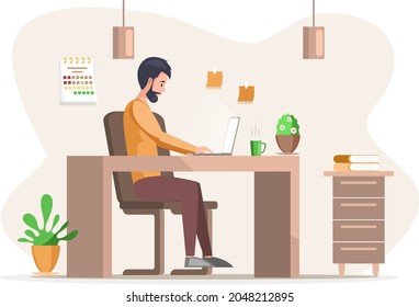 Bearded man, working person sitting at table in room and correspondence surfing Internet. Male character communicating through network on laptop. Freelance, work from home and home office concept