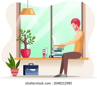 Bearded man, working person sitting at table in room and correspondence surfing Internet. Male character communicating through network on laptop. Freelance, work from home and home office concept