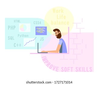 Bearded man works at home on a laptop. Colored bubbles are suitable for text and pictures.