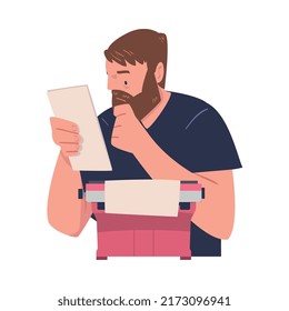 Bearded Man Writer Character at Typewriter Reading Paper Sheet Engaged in Creative Literary Work Vector Illustration