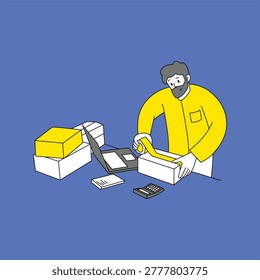 Bearded man in yellow sweater packing cardboard boxes for e-commerce order fulfillment, with laptop and calculator on desk. Bold blue and yellow palette ideal for small business, logistics, and online retail content.