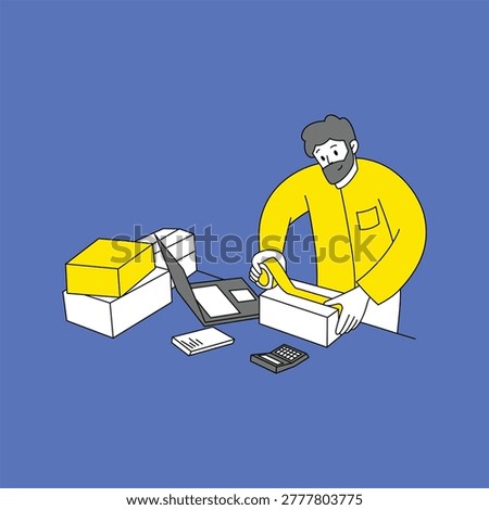 Bearded man in yellow sweater packing cardboard boxes for e-commerce order fulfillment, with laptop and calculator on desk. Bold blue and yellow palette ideal for small business, logistics, and online retail content.