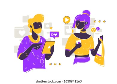 Bearded man and young girl using smartphone with social network. Concept silhouette friend characters with mobile phone and tablet for online communication. Vector illustration.