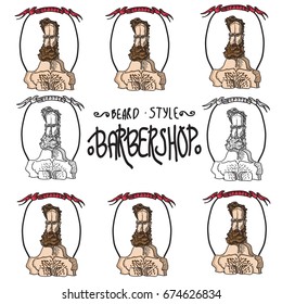 Bearded man,barber, hipster icon with stylish haircut.Vector graphic illustration with lettering for salon decoration