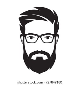 Bearded man's face, hipster character. Fashion silhouette, avatar, emblem, icon, label. Vector illustration.