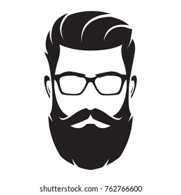 Bearded man's face, hipster character. Fashion silhouette, avatar, emblem, icon, label. Vector illustration.