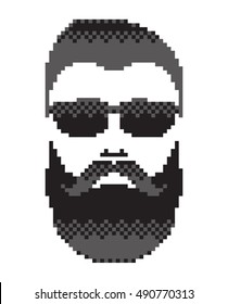 Bearded man's face with mustache. Mustached men portrait, black color. Pixel art in vector graphics, isolated on white background