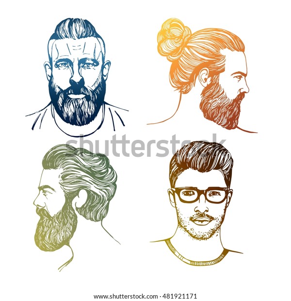 Bearded mans Set on\
white  background. Hipster style of men\'s hairstyle. Fashion vector\
illustration.\
\
