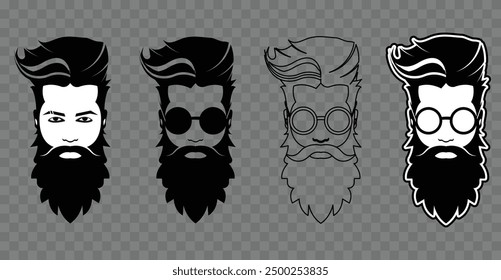 Bearded man's various face, hipster character. Beard Mascot logo. ui for icon or logo. Fashion silhouette, avatar, emblem, icon, label. No ai generated. Vector illustration Concept.