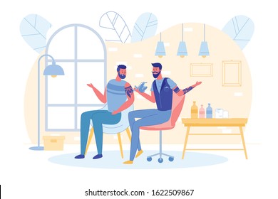 Bearded Master Making Tattooing to Character with Special Machine in Tattoo Salon or Barbershop. Man Decorating his Shoulder with Professional Painting. Body Art. Cartoon Flat Vector Illustration