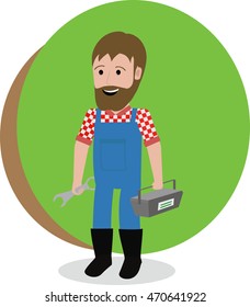 the bearded mechanic in a plaid shirt and overalls with a wrench and tool box