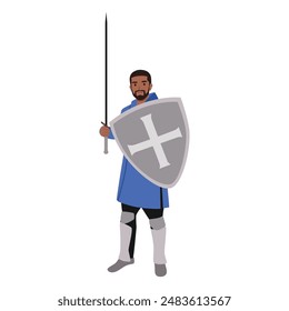 Bearded medeival warrior or knight in armor and helmet with shield and sword. Flat vector illustration isolated on white background