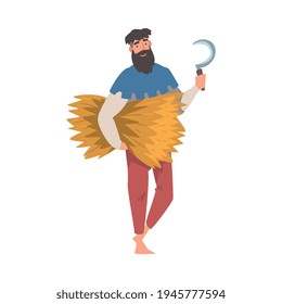 Bearded Medieval Male Peasant Carrying Hay and Rake Vector Illustration