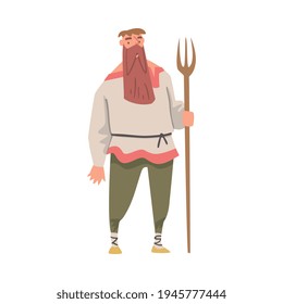 Bearded Medieval Male Peasant Standing with Fork Vector Illustration