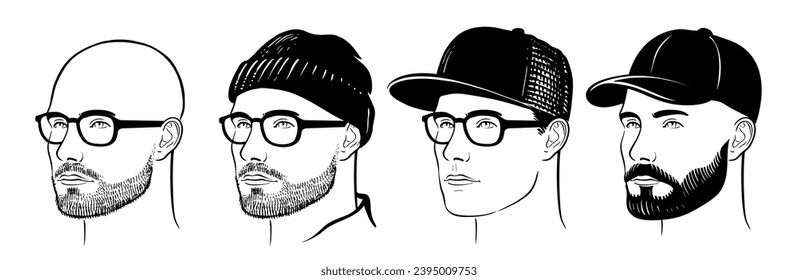 Bearded men in baseball cap. Female set portrait