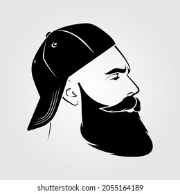 Bearded men in a baseball cap. Hipster face icon isolated. Vector illustration	
