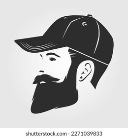 Bearded men in a baseball cap. Hipster face icon isolated. Vector illustration