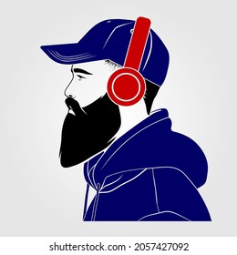 Hombres con barba en una gorra de béisbol, capucha y auriculares inalámbricos. Ilustración del vector