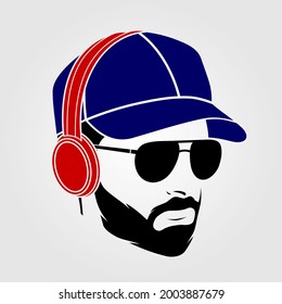 Bearded men in a baseball cap and in wireless headphones. Hipster face icon isolated. Vector illustration