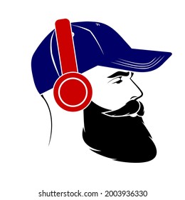 Hombres con barba en una gorra de béisbol y audífonos inalámbricos. Icono de la cara de Hipster aislado. Ilustración del vector