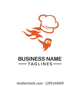 Bearded men with chef hats plus fire effects represent the speed for fast food logos or orders between.